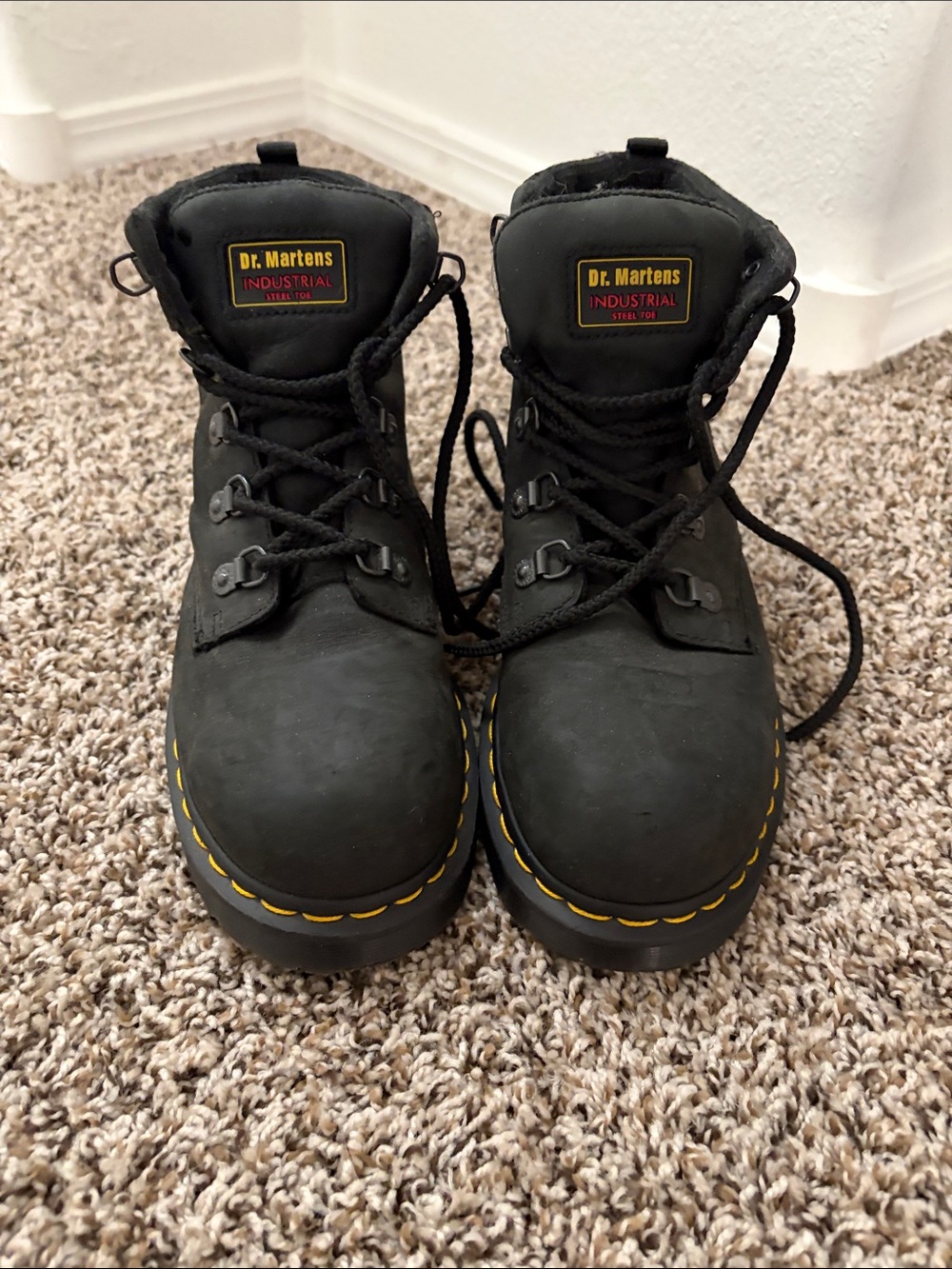 Dr. Martens Black Leather Work Boots with Yellow Stitching